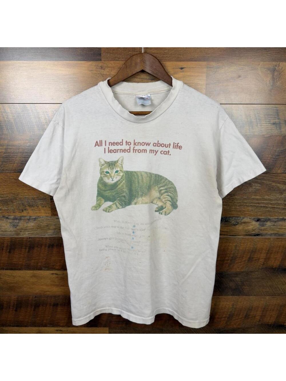 Vintage 90s Funny Cat T Shirt Hanes Beefy Single Stitch Large Distressed